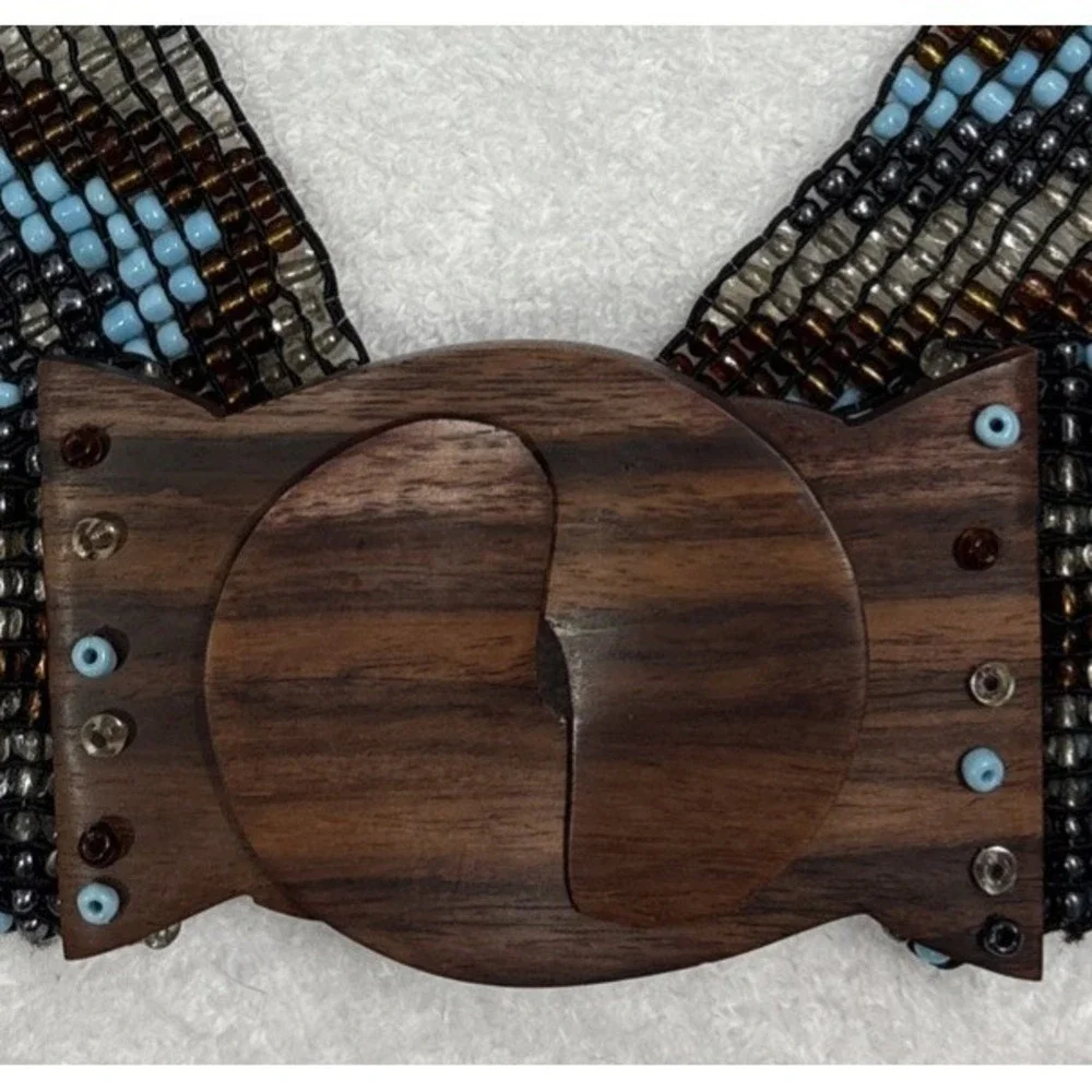 Vintage Handmade Glass Beaded Stretch Belt Wooden Interlocking Hook Buckle Boho